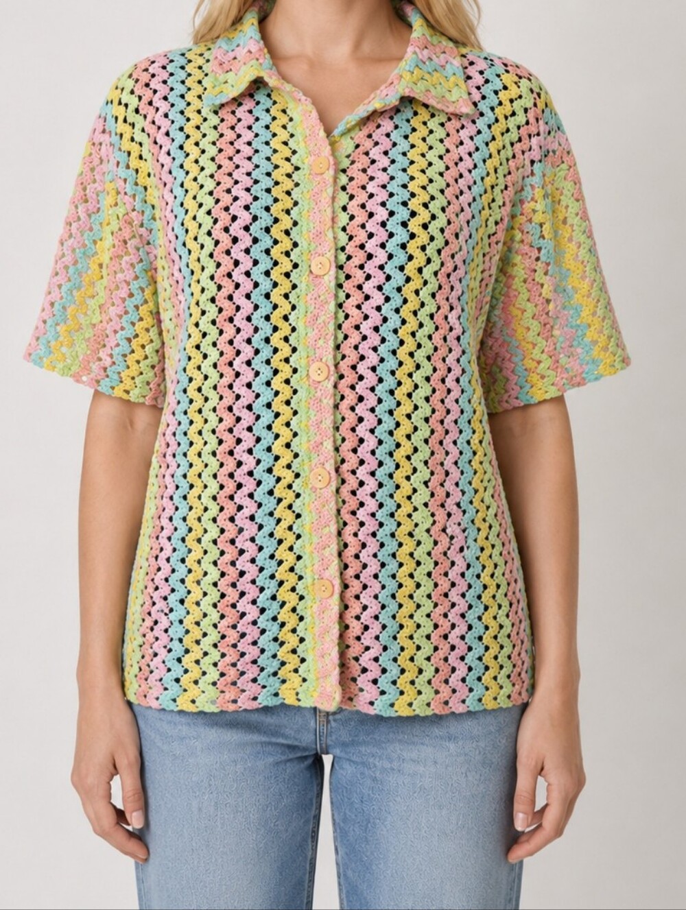 Julia Yellow green Blue Pink Pastel Multi-Color Crochet Button-Down Shirt